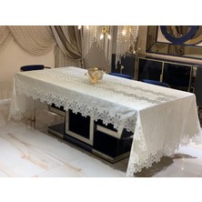 Hausset Home Ekru Kadife  Fransiz Dantelli 160/260 Masa Örtüsü