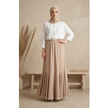 Sefa Merve Bürümcük Kumaş Beli Lastikli Büzgülü Etek 0561-09 Bej