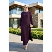 Harma Time Butik Kadın Inci Işlemeli Bordo Tunik-Pantolon Ikili Takım