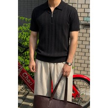 Tarz Cool Erkek Slim Fit Fermuarlı Polo Yaka Saç Örgü Desenli Triko Tişört – Yazlık Pamuklu Esnek Örme