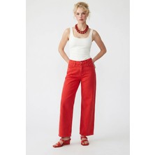 Mixray 2128 Kadın Ince Mevsimlik Yüksek Bel Wide Leg Denim Pantolon Kırmızı
