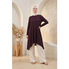 Sefa Merve Bürümcük Kumaş Asimetrik Kesim Uzun Tunik 0562-01 Mürdüm