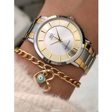 Q&Q Marka Retro Model Gümüş Sarı Çelik  Kordon , Büyük kasa Kadın Kol Saati+ Bileklik