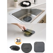 Omilife 3'lü Gri Silikon Gider Kapağı Sabunluk, Su Sızdırmaz Evye ve Kare Seti Banyo Mutfak Koku Önleyici
