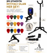 Arpeggio Arte Bir Gitaristin Ihtiyacı Olan Her Şey 20 Parçalı Gitar Aksesuar Seti - 15 Pena, Aroma Tuner, Metal Kapo, Gitar Sehpası, Metal Pena Kutusu, Tel Çevirici