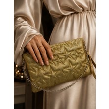 YNS Collection Yş collection Gold Simli Yıldız Desenli Kadın Abiye El Çantası Zincir Askılı Portföy Gece Çantası