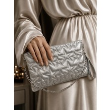 YNS Collection Yş collection Gold Simli Yıldız Desenli Kadın Abiye El Çantası Zincir Askılı Portföy Gece Çantası