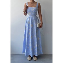 Nils Butik Askılı Kare Yaka Nakışlı Deniz Mavisi Elbise