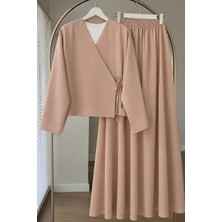 İmaj Butik Koyu Bej Yandan Bağlamalı Dabıl Kimono Etekli Takım