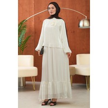 İmaj Butik Ekru Kol Lastikli Bronş Detaylı Bluz Etekli Takım