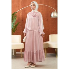 İmaj Butik Toz Pembe Kol Lastikli Bronş Detaylı Bluz Etekli Takım