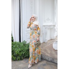 İmaj Butik Yeşil Eteği Katlı Çiçek Desenli Elbise