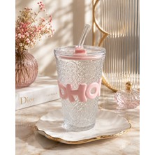 Shopping Fashion Cam Bardak Pipetli Kupa Pembe Silikon Detaylı Soğuk Içecek Bardağı 500 ml