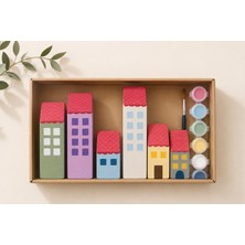 C&On Design Ahşap Boyama Seti - 6 Parça Mini Şehir Evleri Kendin Yap (Dıy) Aktivite Kitolojisi (Boya ve Fırça Dahil)