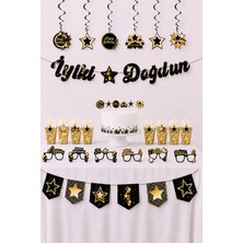 Patladı Gitti Siyah Gold Yıldız Temalı Doğum Günü Parti Seti – Iyi Ki Doğdun Banner, Tavan Süsü, Pasta Süsü, Gözlük ve Mısır Kutusu
