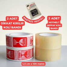Meg Tasarım Dünyası 4'lü Koli Bandı Seti (2 Adet Dikkat Kırılır + 2 Adet Hotmelt Şeffaf ) (4,5 cm x 100 Metre) + Bant-Kes Aparatı Hediyeli