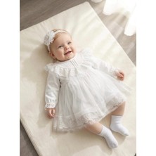 Bebila Baby Kız Bebek Mevlütlük Elbise Bandanalı Dantelli Yeni Doğan Hastane Çıkışı Gelinlik Abiye  %100 Pamuk 4034