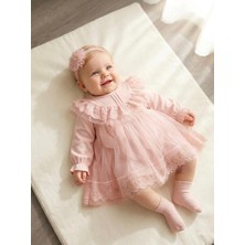 Bebila Baby Kız Bebek Mevlütlük Elbise Bandanalı Dantelli Yeni Doğan Hastane Çıkışı Gelinlik Abiye  %100 Pamuk 4034