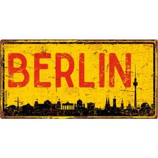 AYNED Print Berlin Skyline Ahşap Tabela – Retro Sarı Şehir Duvar Dekoru