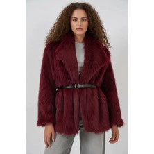 Kadın Geniş Yaka Kuşaklı Kürklü Oversize Bordo Kaban