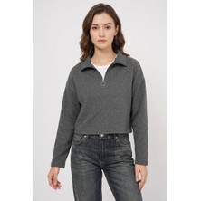 Kadın Yaka Fermuarli Pamuklu Antrasit Sweatshirt