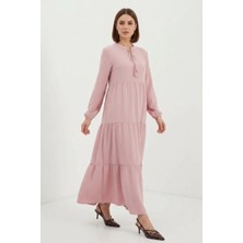 Kadın Bağcıklı Yaka Fırfırlı Açık Pembe Tesettür Elbise