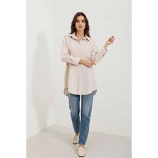 Kadın Oversize Çizgili Pamuklu Bej Gömlek