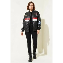 Kadın Bomber Yaka Baskılı Siyah Ceket