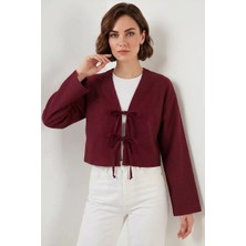 Kadın V Yaka Önü Bağlamalı Keten Bordo Kimono