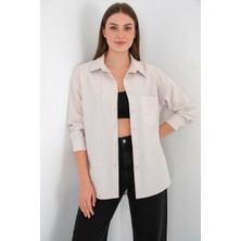 Kadın Oversize Tek Cepli Çizgili Pamuklu Krem Gömlek
