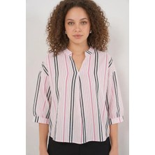 Kadın V Yaka Oversize Çizgili Viskon Pembe Bluz