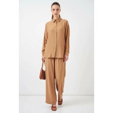 Kadın Gömlek Yaka Dokulu Viskon Camel Ikili Takım