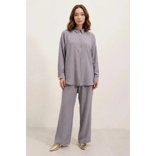 Kadın Düğmeli Oversize Gri Takım
