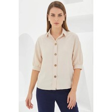 Kadın Kısa Kol Oversize Keten Krem Gömlek