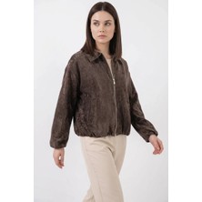 Kadın Klasik Yaka Normal Büzgülü Oversize Kadife Kahverengi Ceket