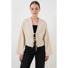 Kadın Yaka Önden Bağlamalı Önü Keten Krem Kimono
