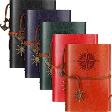 Wolawood Prestige Collection 5'li Vintage Deri Defter Seti Çapalı, Pusula, Denizci Temalı & Çizgisiz, Spiralli, Retro/journal Günlük, Anı, Hatıra, Ajanda Hediyelik Set 5-Adet
