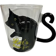 Nacario Kedi Desenli Cam Kupa, Siyah Kedi Tasarımlı, Kedi Kuyruklu Kulp, 250 Ml, 9 cm Yükseklik
