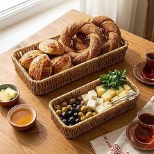 Nacario Hasır Örgü Dikdörtgen Sepet Tepsisi, 2'li Set, Doğal Renk, Ekmek ve Organizer Kullanım