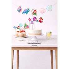 Sinek Kupası Tasarım Deniz Kızı Ariel Doğum Günü Seti 5 Figür Banner 5 Figür Pasta Süsü 20 Adet Cupcake Set