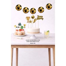 Sinek Kupası Tasarım Gold Futbol Temalı Doğum Günü Seti 5 Figür Banner 5 Figür Pasta Süsü 20 Adet Cupcake Set