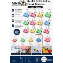 ArtMaster Renkli Çelik Kıskaç Klips 41 mm 12 Adet Evrak Mandalı Renkli Metal Mandal Binder Clips Kıskaç 180 Sayfa Kapasiteli