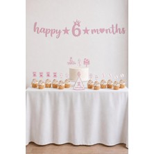 Patladı Gitti 6 Ay Temalı Kız Bebek Parti Seti – Happy 6 Months Banner, Pasta Süsü, Kürdan Süs ve Parti Şapkası Seti Pembe