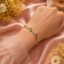 Jammy Jewerly Gold Pembe ve Yeşil Taş Detaylı Çelik Bileklik – Zarif Dal Tasarımı