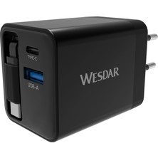 Wesdar AC289-1C1A Hızlı Şarj Adaptörü Gan 45W Dahili Geri Sarılabilir Type-C Kablolu Siyah