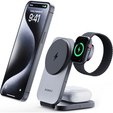 Aukey LC-MC312-GY Magfusion Z Qi2 15W Katlanabilir 3'ü 1 Arada Mıknatıslı Kablosuz Şarj Cihazı