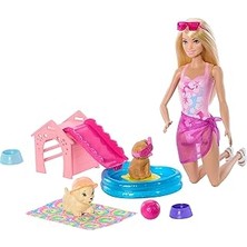 Renas Store Barbie Köpekçikle Havuz Partisi Oyun Seti, Kaydıraklı Köpek Kulübesi, Kalp Şeklinde Havuz, 2 Köpek