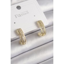 Clariss Pirinç Gold Renk Zirkon Taşlı Yarım Halka Model Kadın Küpe