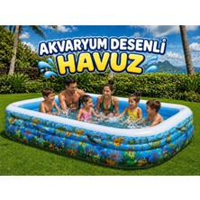 Premini Akvaryum Desenli Büyük Bahçe Şişme Aile Havuzu 305X183X56 cm
