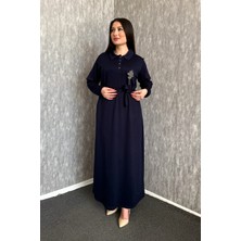 Modaplaza Kadın Büyük Beden Yaka Çıtçıtlı Kuşaklı Modal Kumaş Uzun Elbise 7586
